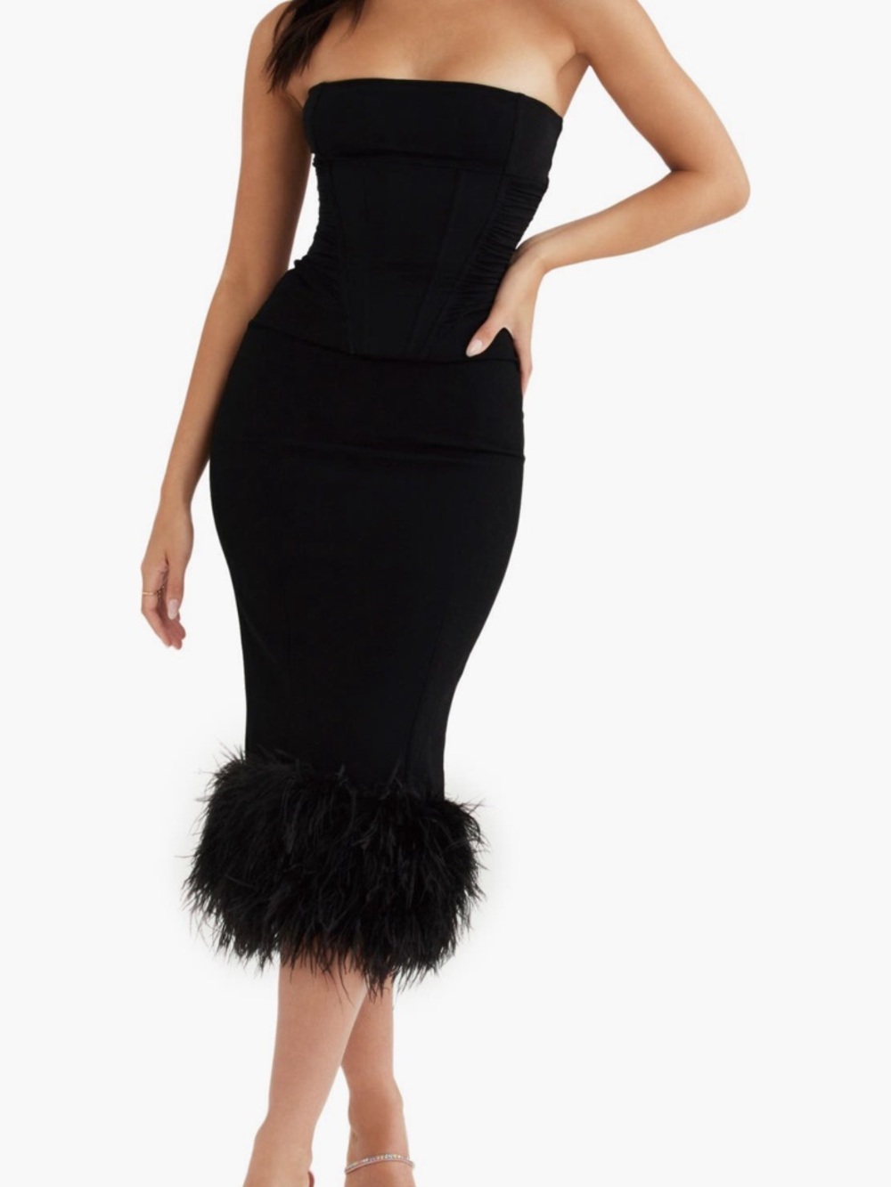 House of CB Black Strapless Corset Pencil Dress with Feather Hem